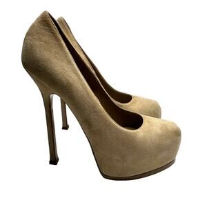 YSL Tribtoo Nude Suede Platform Pumps Size 39 Italy Y2K Stiletto Heels